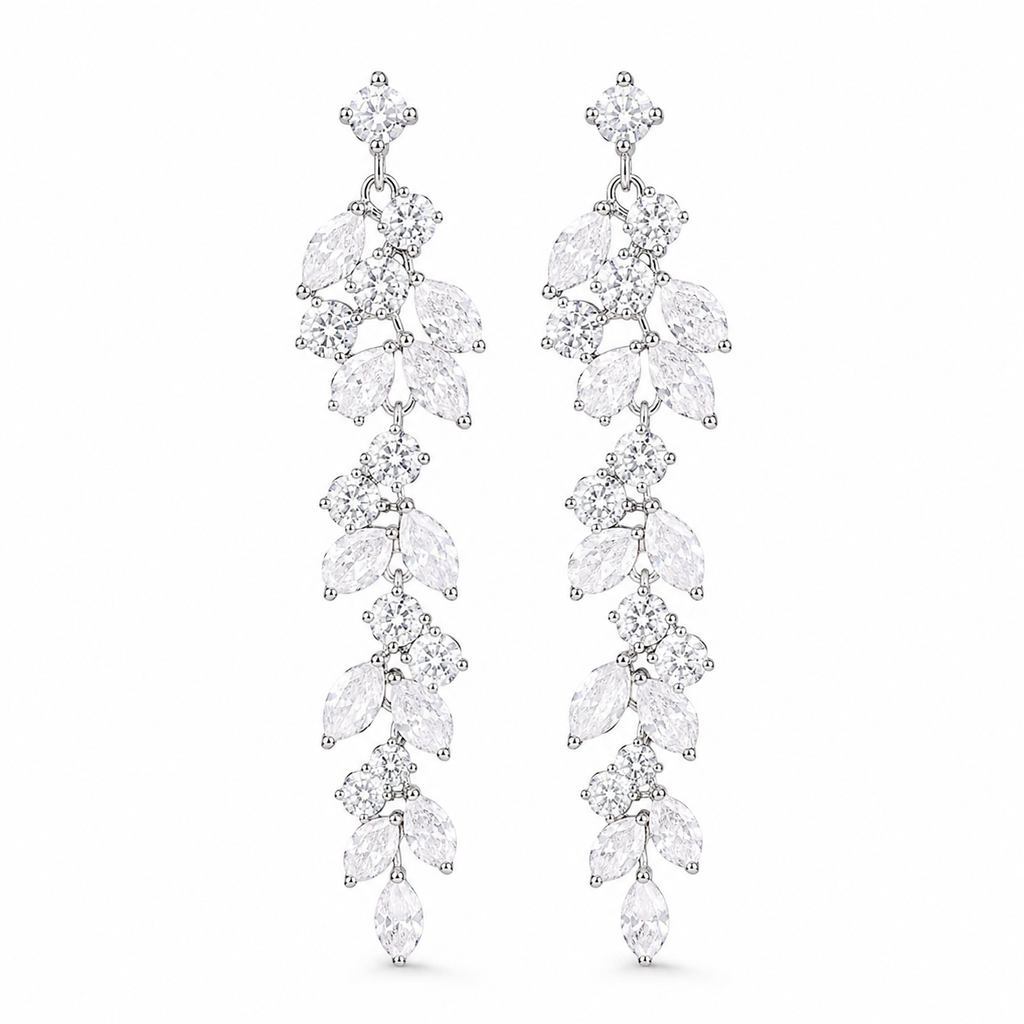 Elegant Leaf Crystal Silver Drop Earrings
