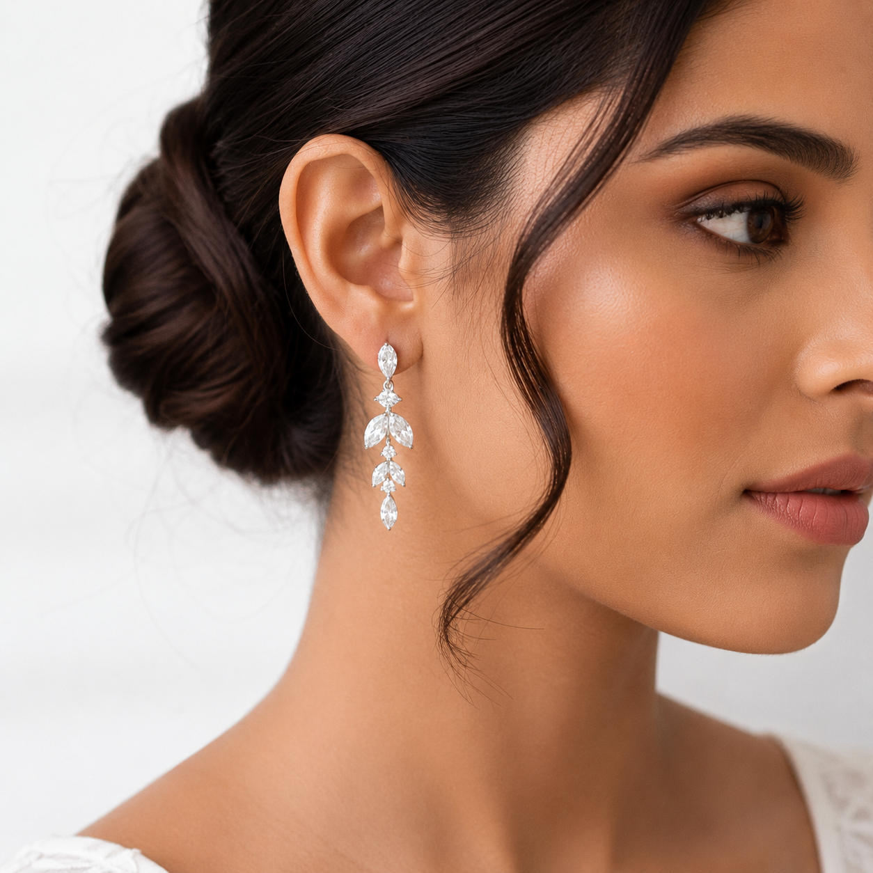 Elegant Leaf Crystal Silver Drop Earrings