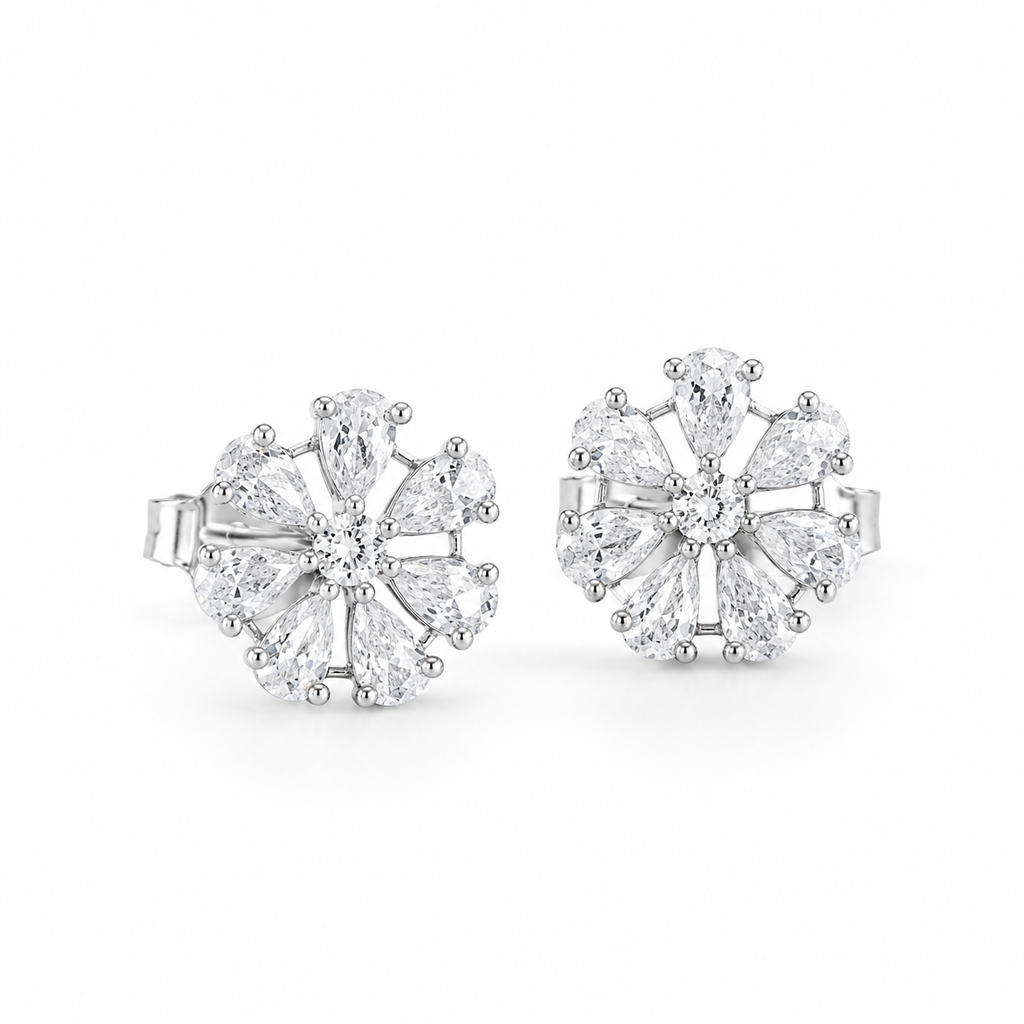 Floral Bloom Diamond Look Silver Earrings