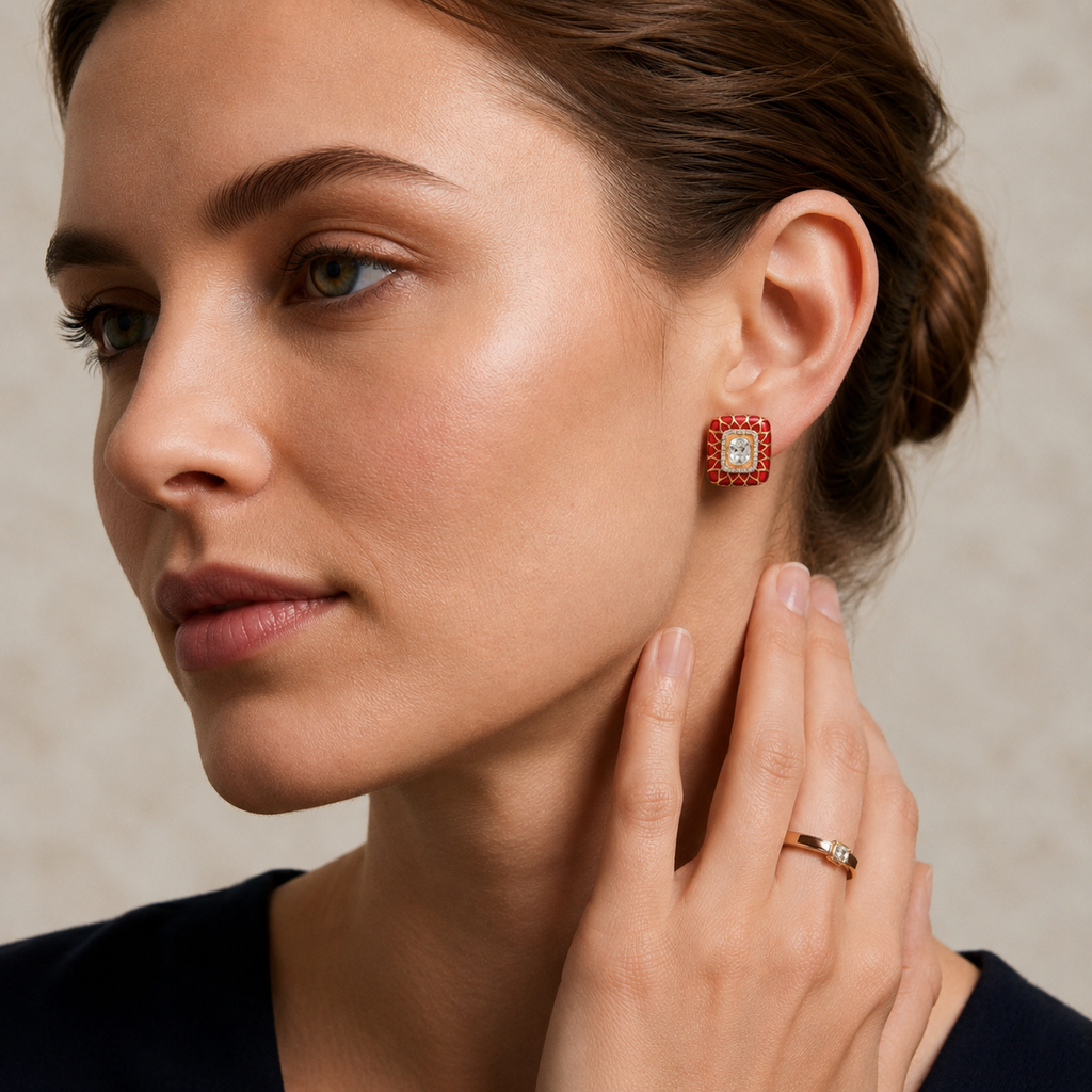 Ruby Red Enamel Kundan Stud Earrings