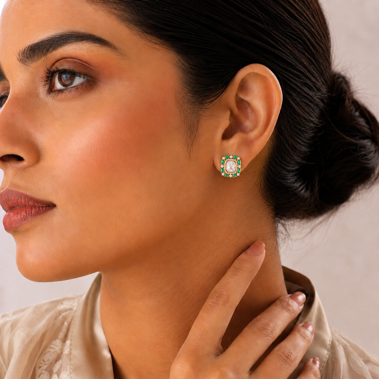 Emerald Green Kundan Stud Earrings
