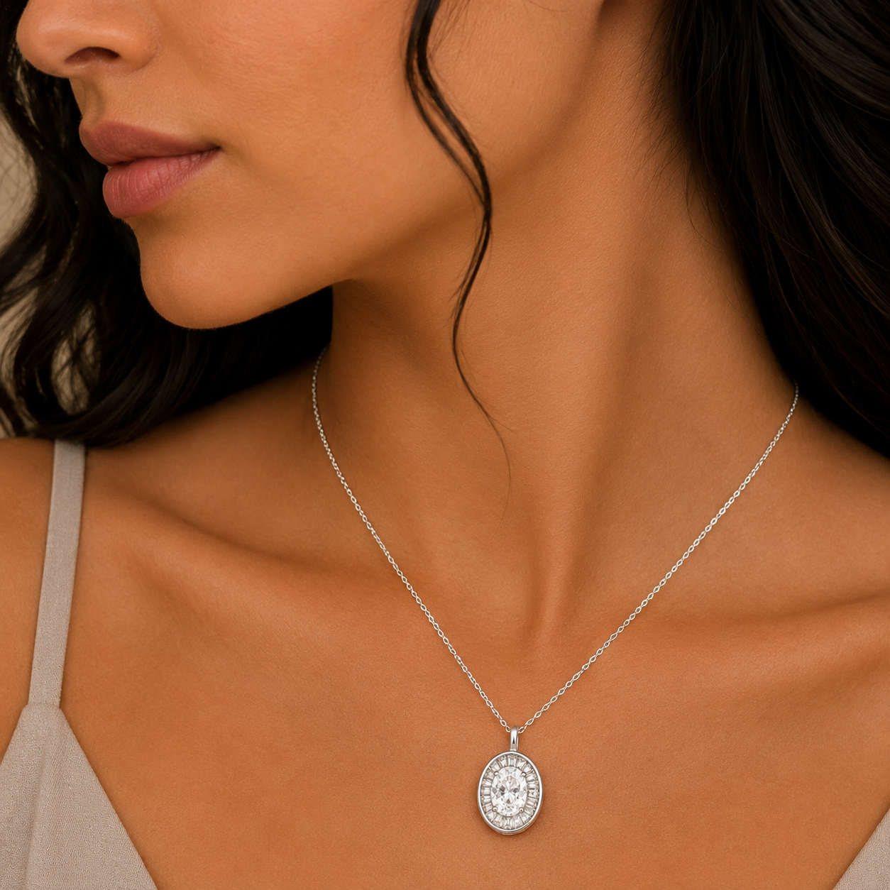 Oval Crystal Pendant Chain