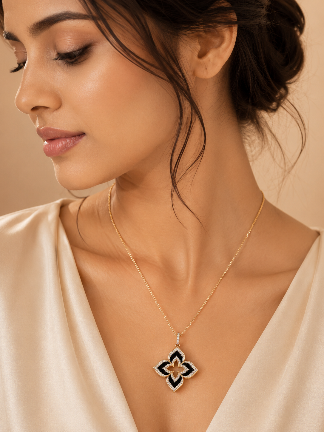 Black Floral Crystal Pendant Necklace