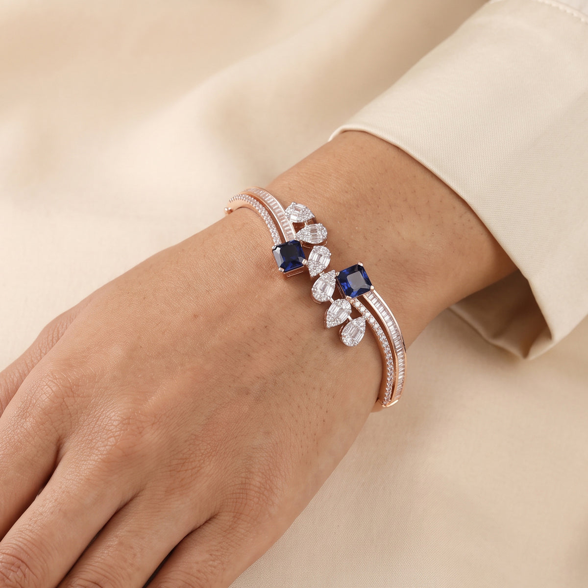 Rose Gold Blue Sapphire Floral Kada