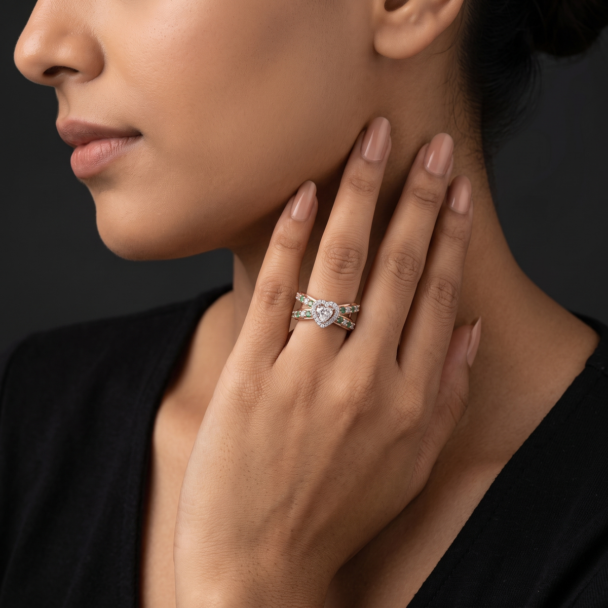 Rose Gold Emerald Heart Crystal Ring