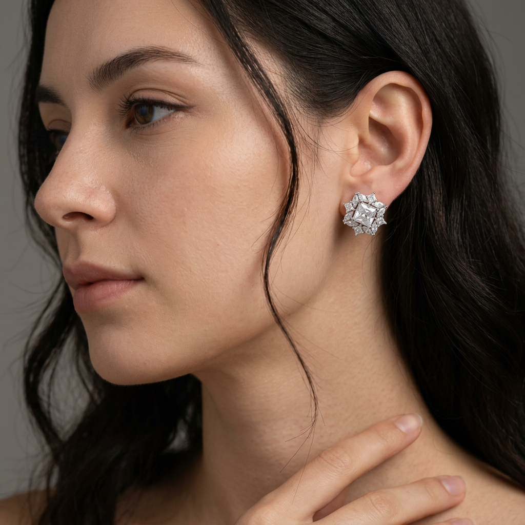 Princess Cut Floral Stud Earrings