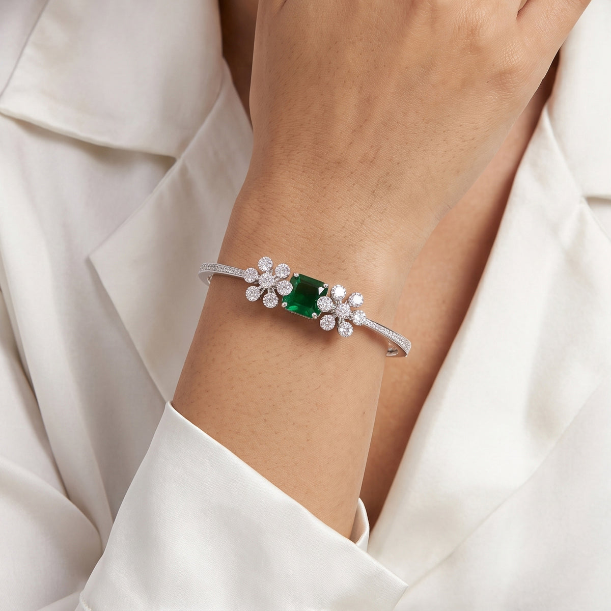 Silver Emerald Floral Crystal Kada