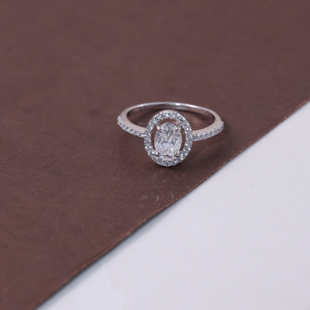 Silver Oval Halo Crystal Ring
