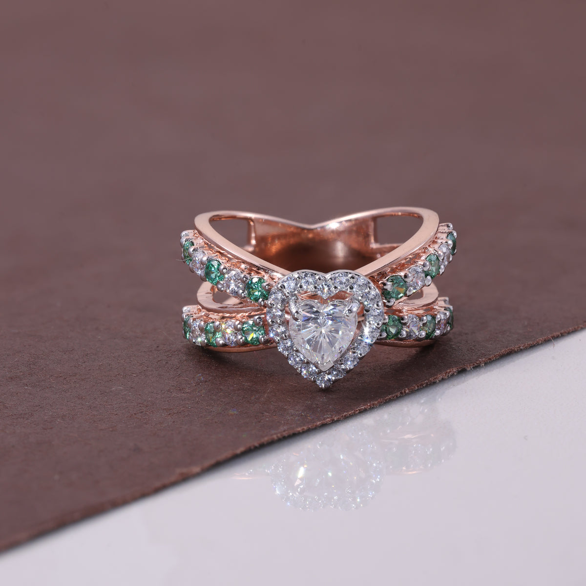 Rose Gold Emerald Heart Crystal Ring