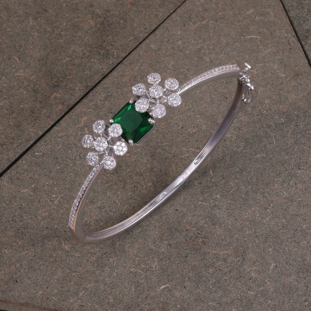 Silver Emerald Floral Crystal Kada