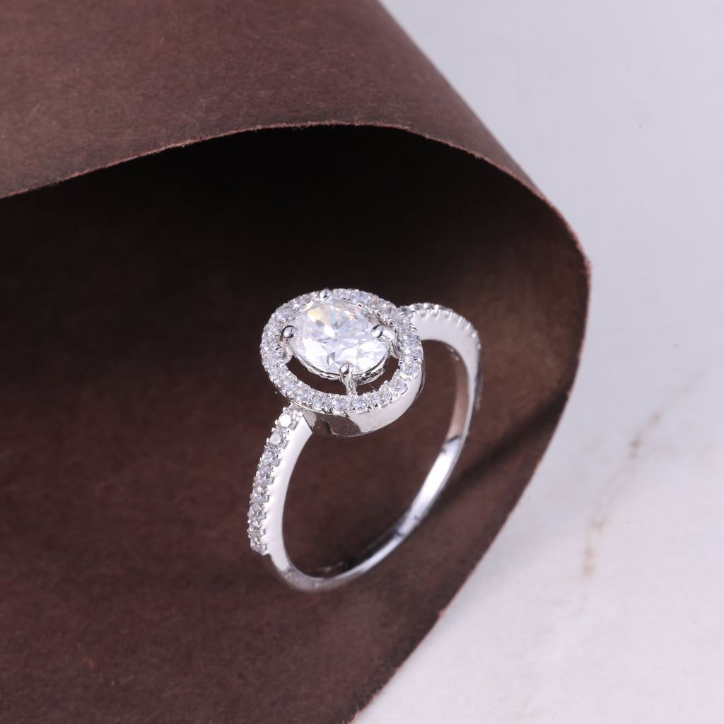 Silver Oval Halo Crystal Ring
