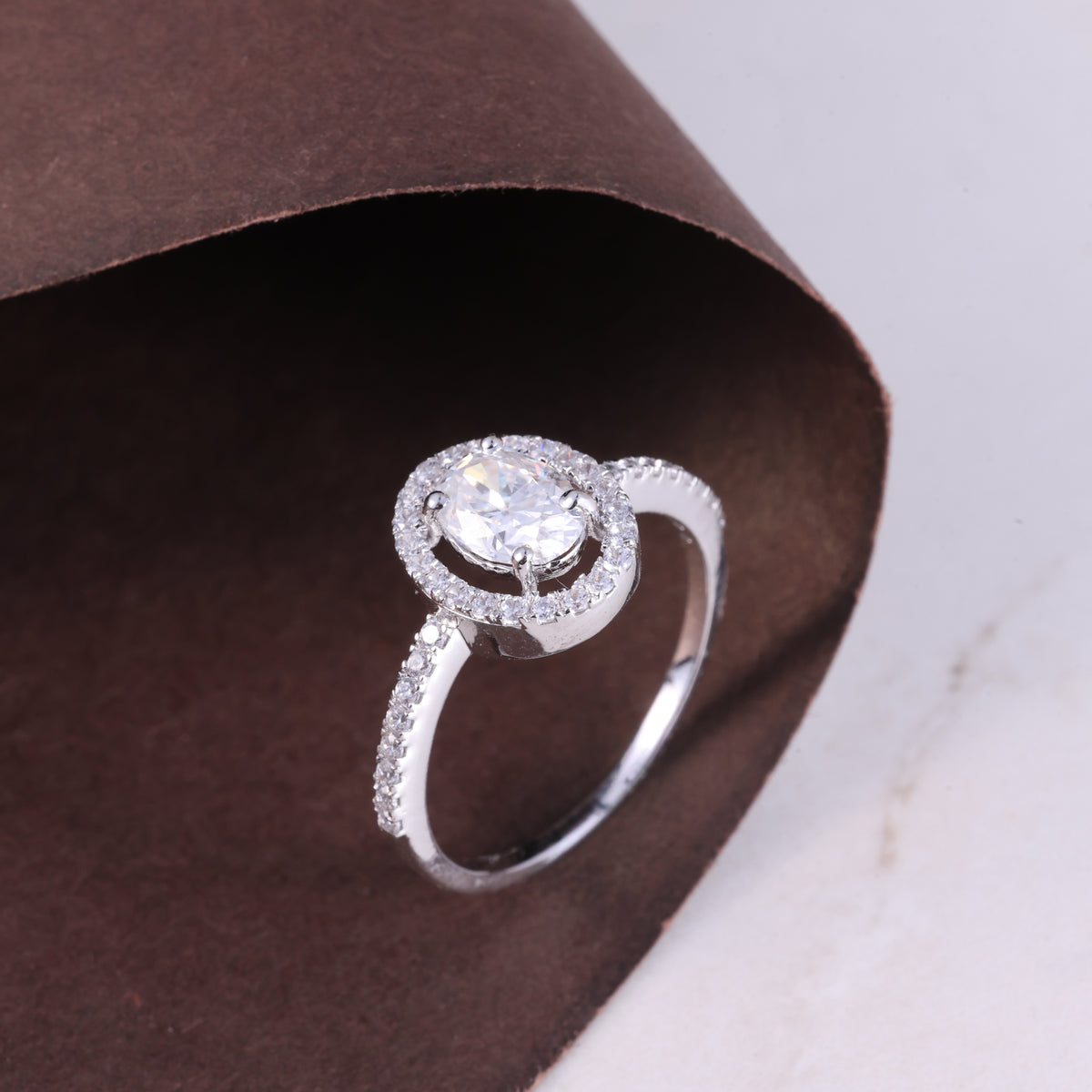 Silver Oval Halo Crystal Ring