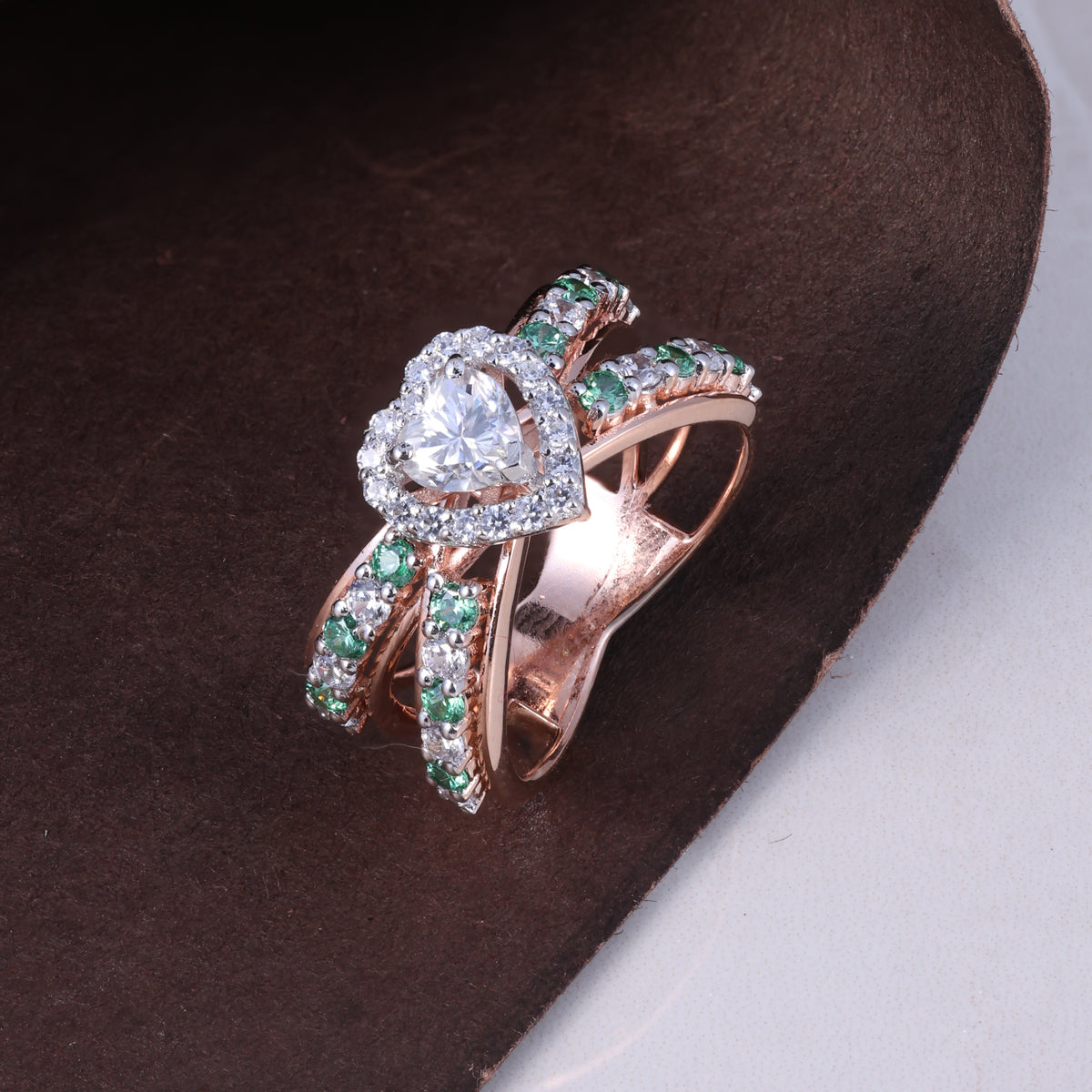 Rose Gold Emerald Heart Crystal Ring