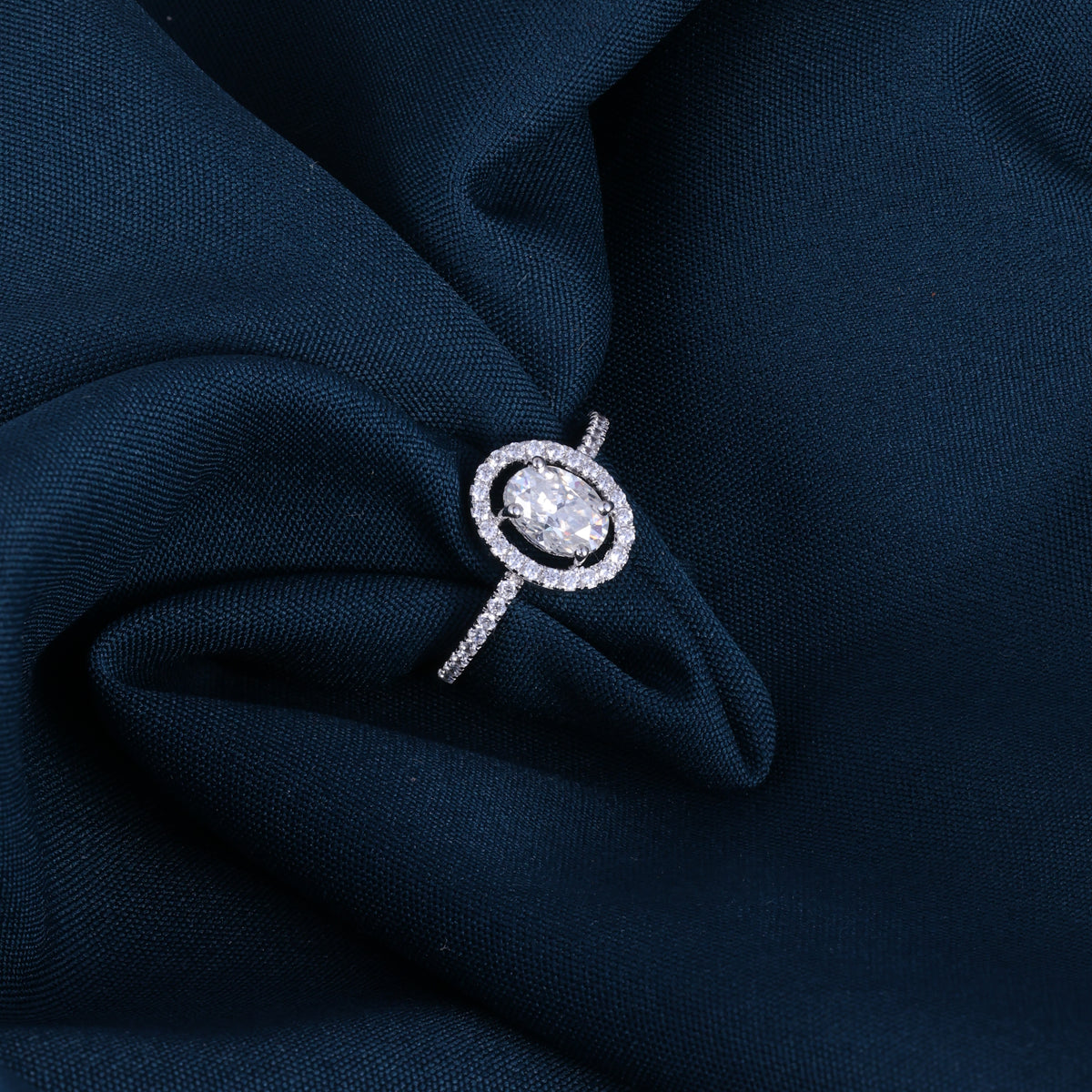 Silver Oval Halo Crystal Ring