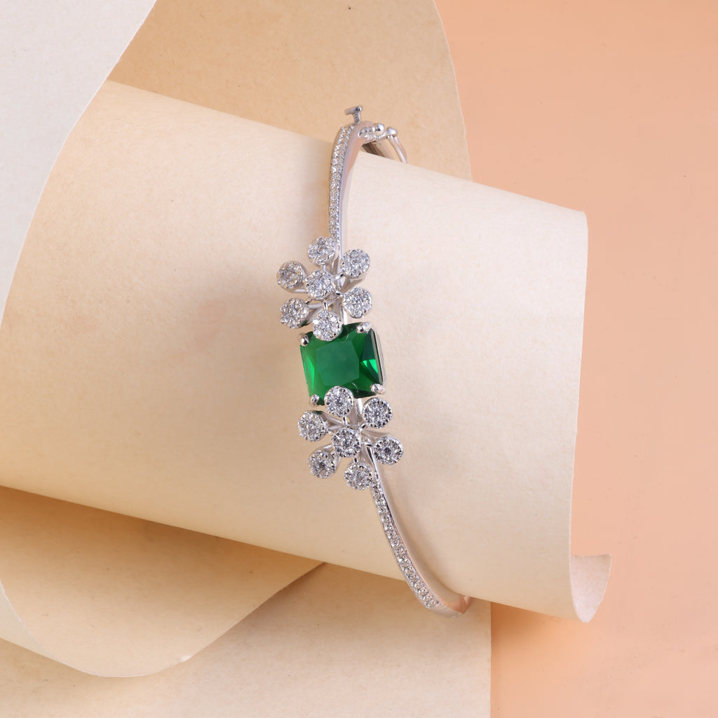 Silver Emerald Floral Crystal Kada