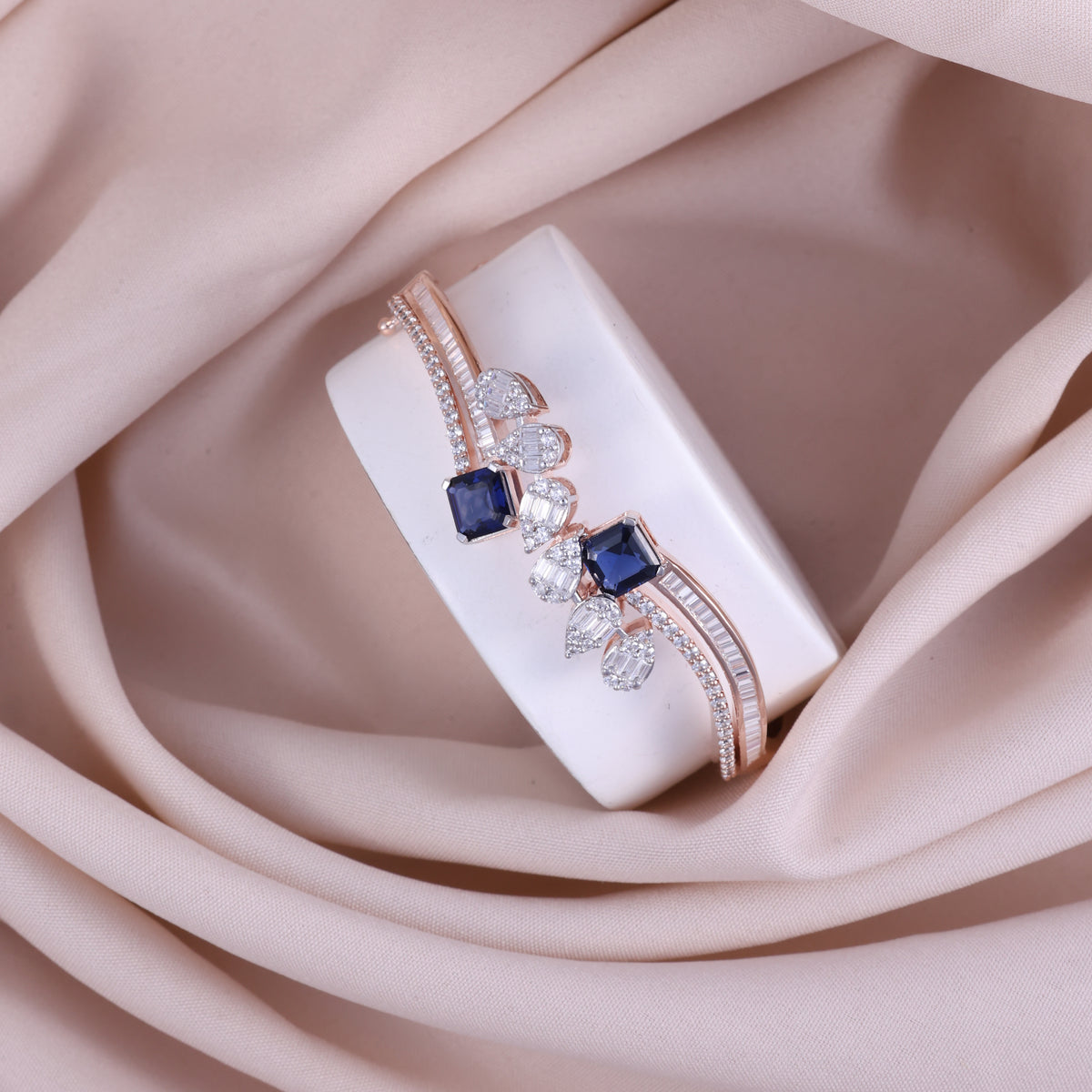 Rose Gold Blue Sapphire Floral Kada