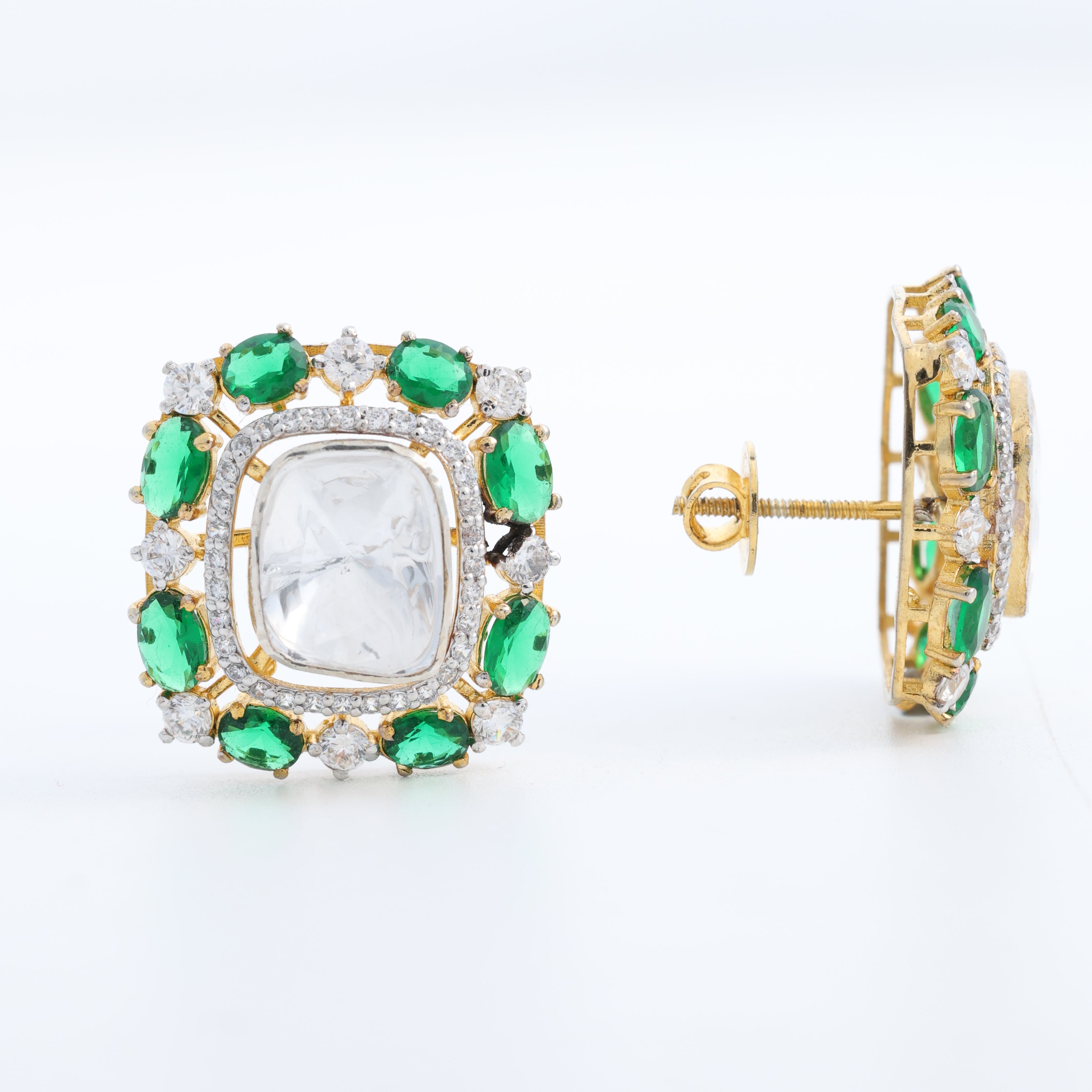 Emerald Green Kundan Stud Earrings