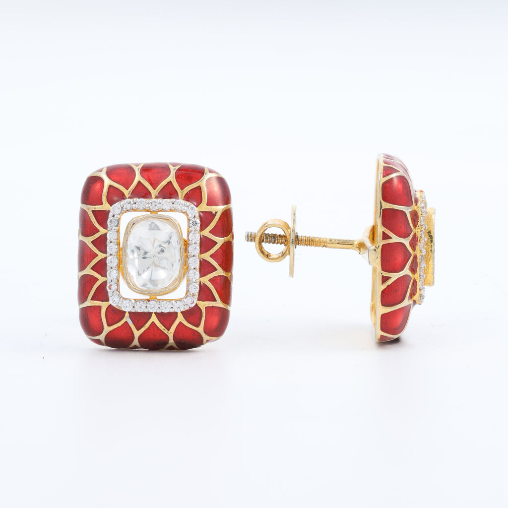 Ruby Red Enamel Kundan Stud Earrings