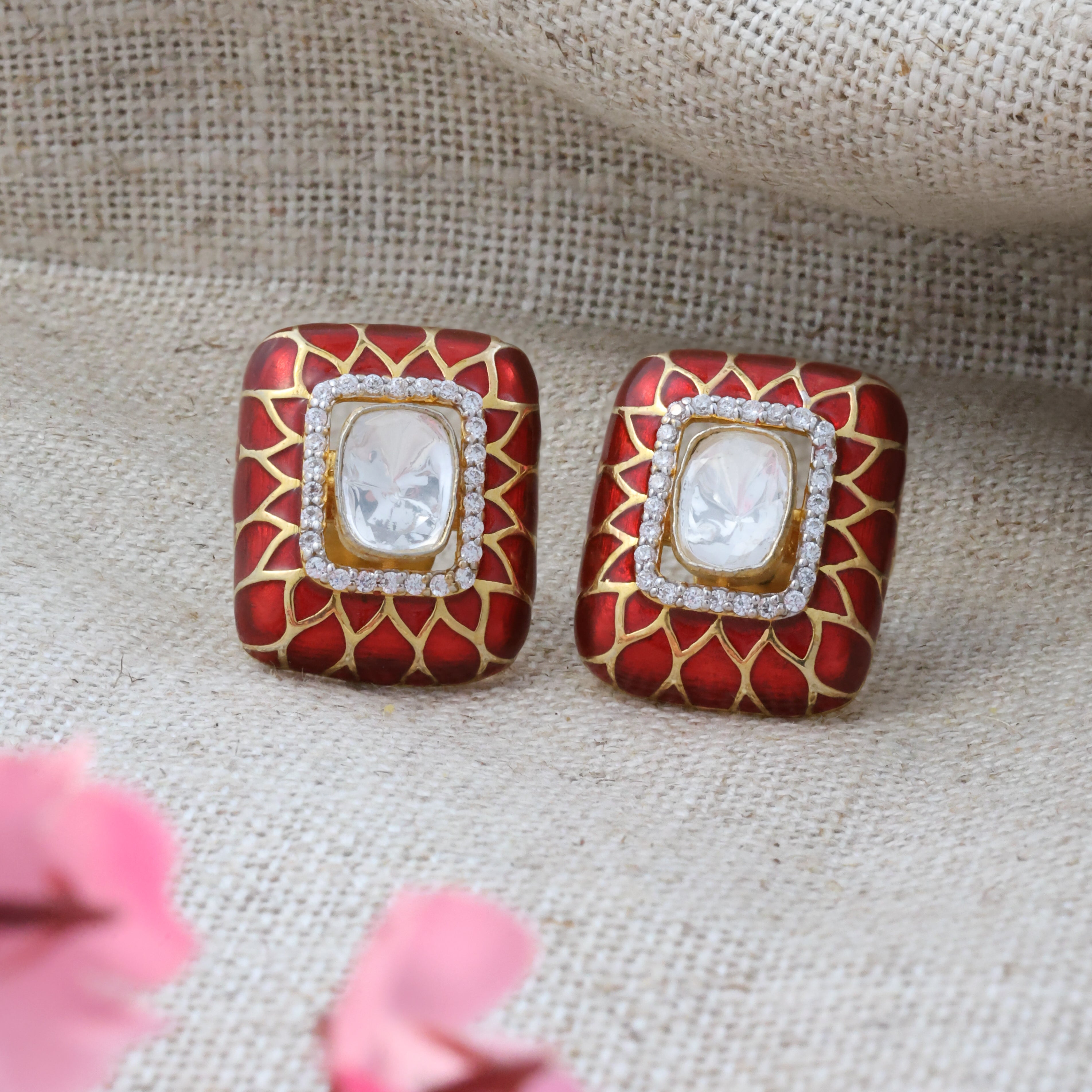 Ruby Red Enamel Kundan Stud Earrings
