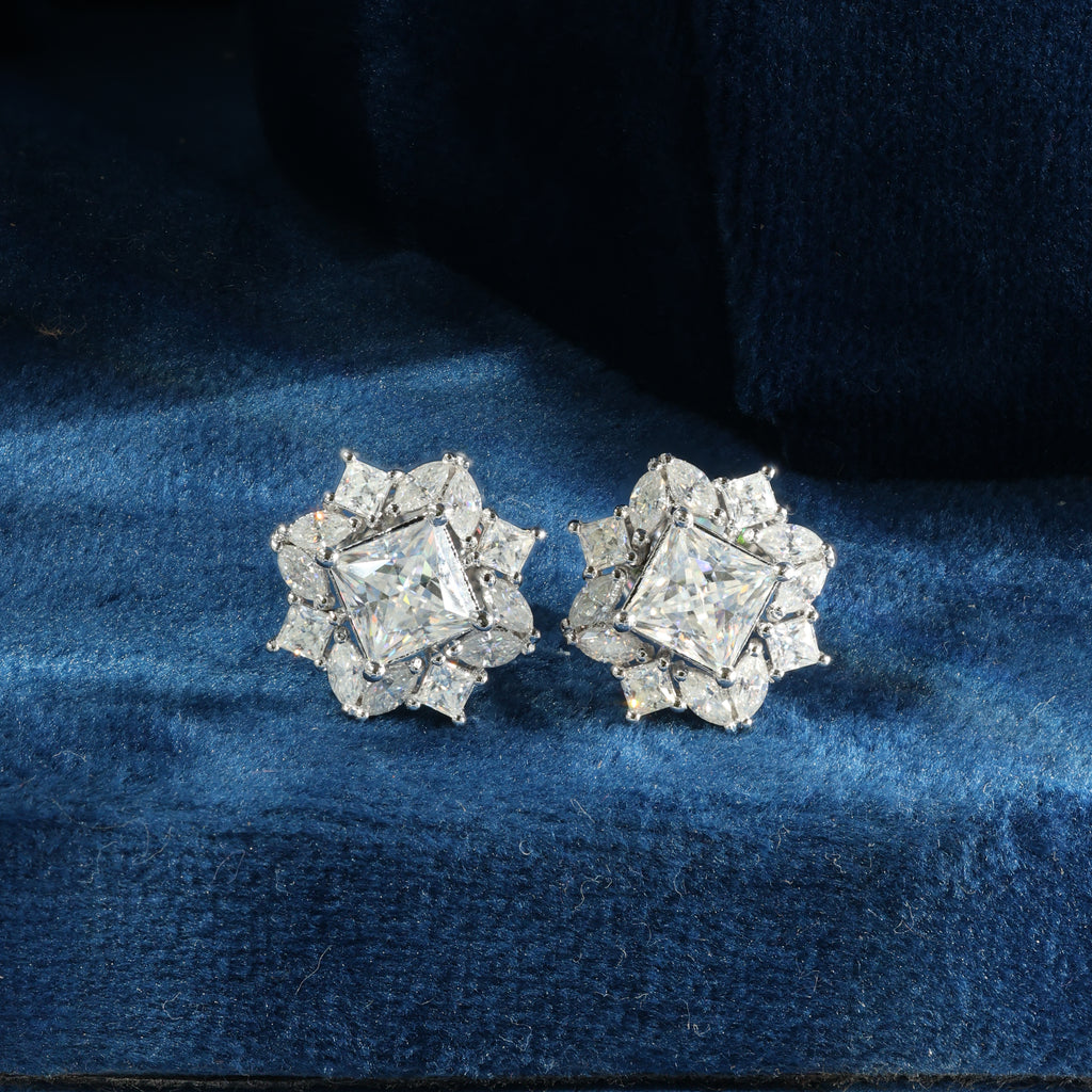 Princess Cut Floral Stud Earrings