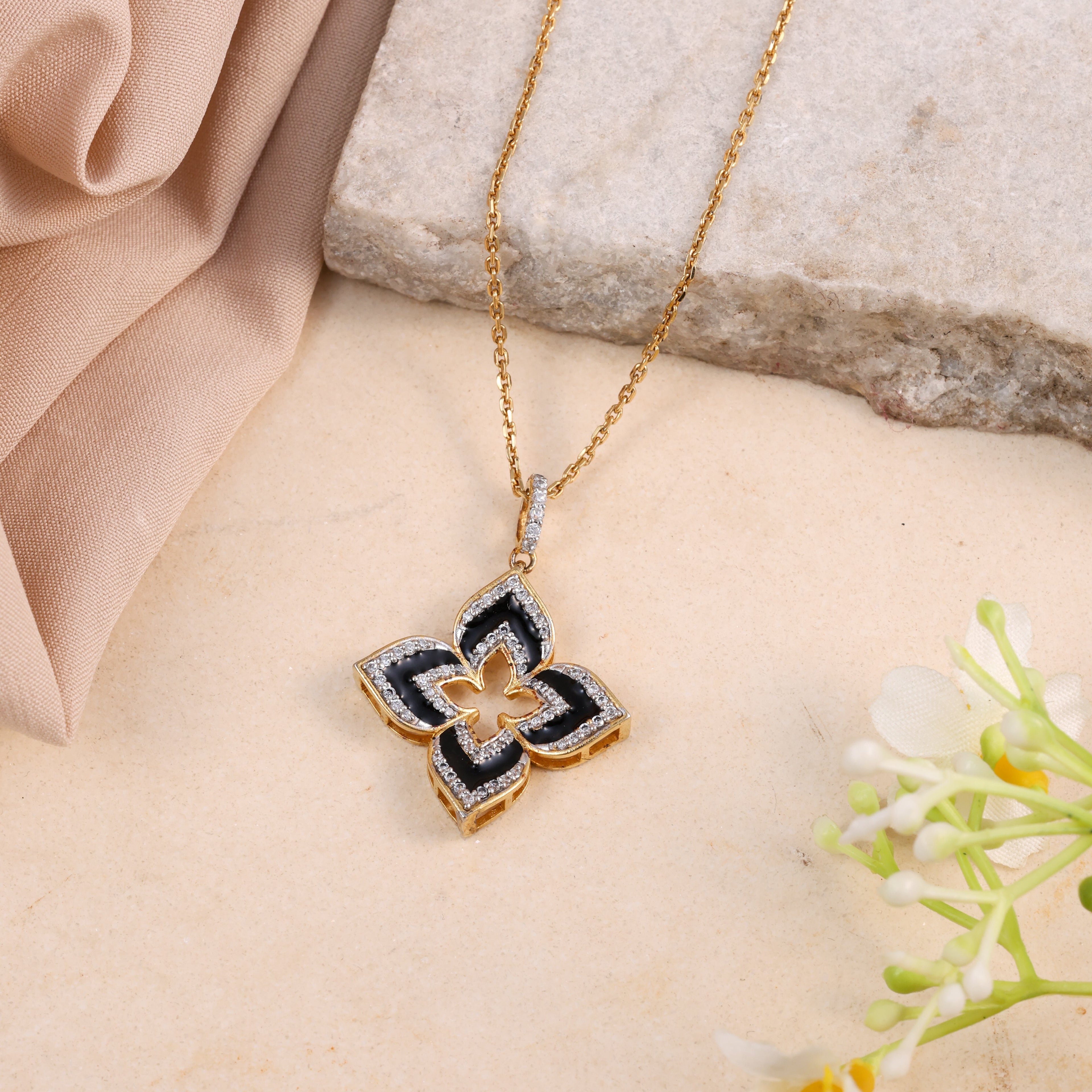Black Floral Crystal Pendant Necklace