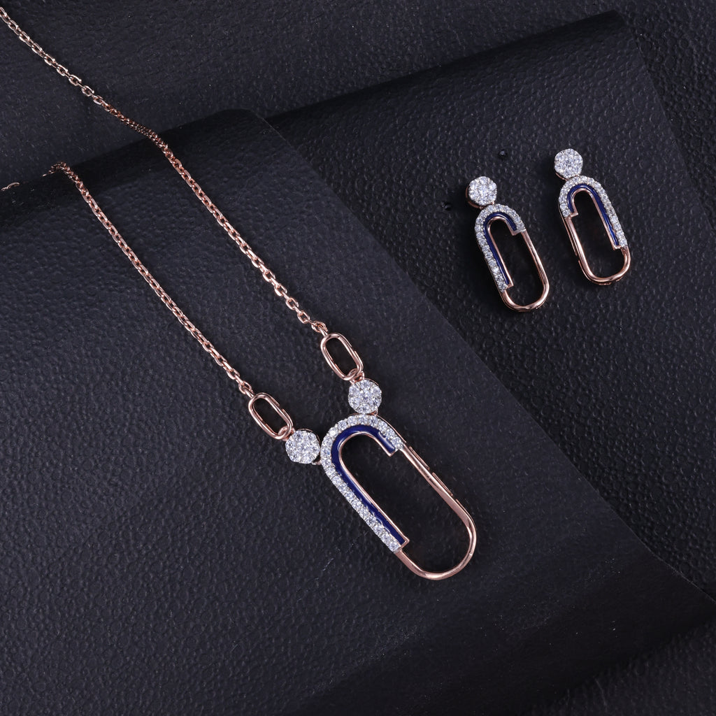 Rose Gold Blue Enamel Link Pendant Set