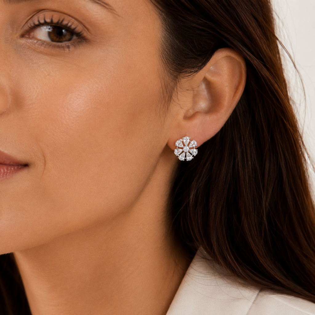 Floral Bloom Diamond Look Silver Earrings