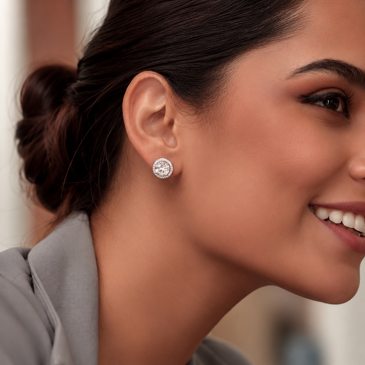 Classic Halo Round Silver Stud Earrings